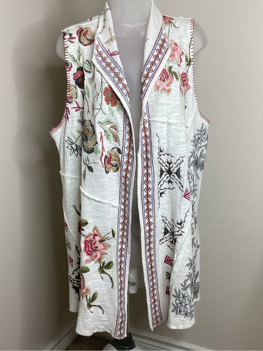 John Mark Embroidered Cotton Vest Floral Boho FairyCore White Lg